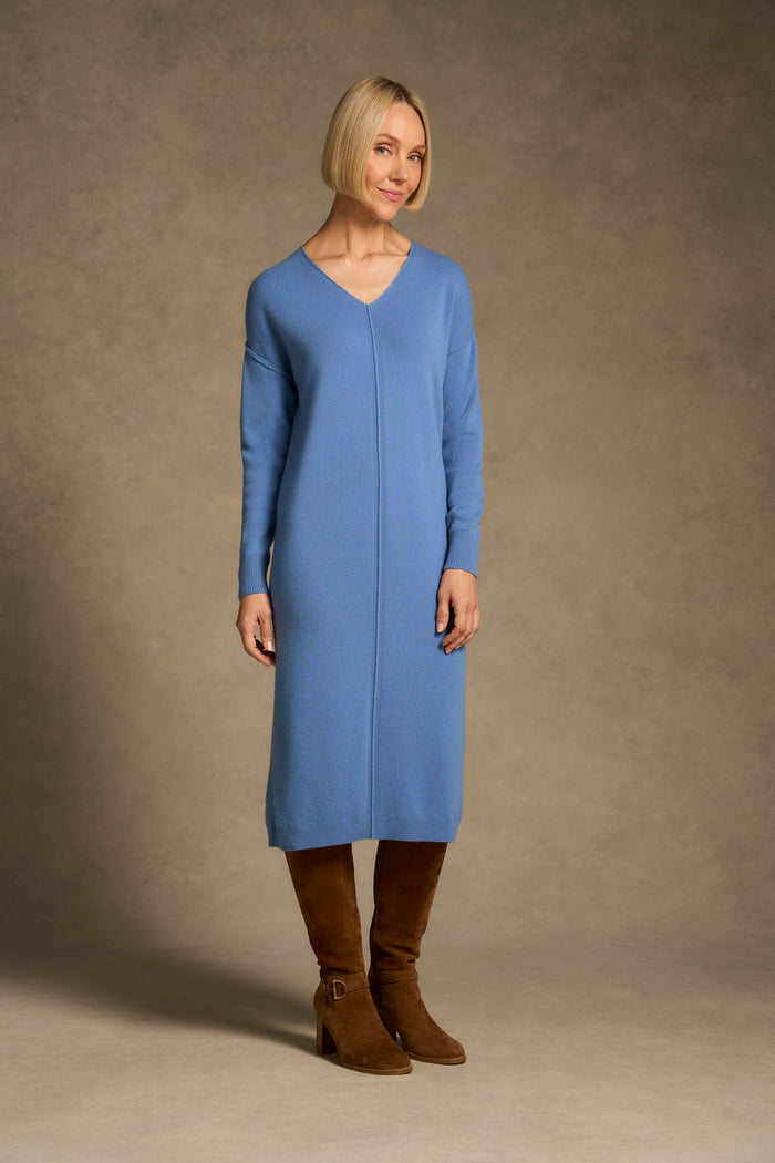 Merino V-Neck Knit Dress - Cornflower Blue
