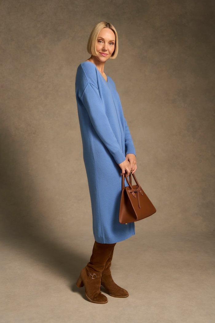 Merino V-Neck Knit Dress - Cornflower Blue