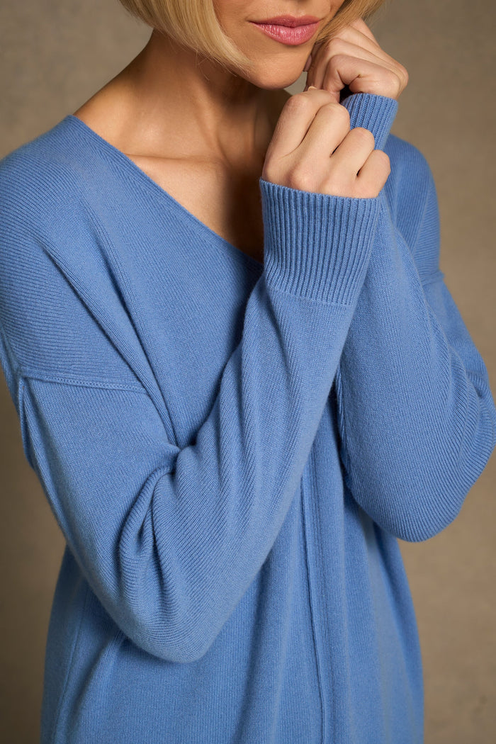 Merino V-Neck Knit Dress - Cornflower Blue