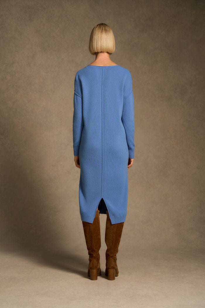 Merino V-Neck Knit Dress - Cornflower Blue