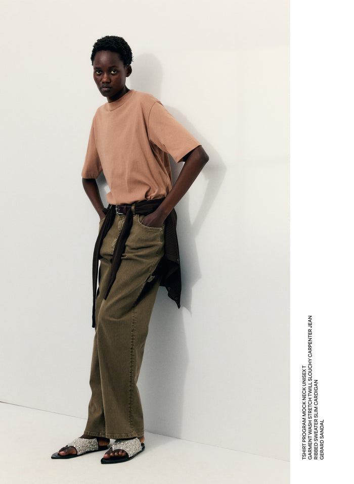 Butterscotch Mock Neck Unisex T-Shirt - editorial image on model