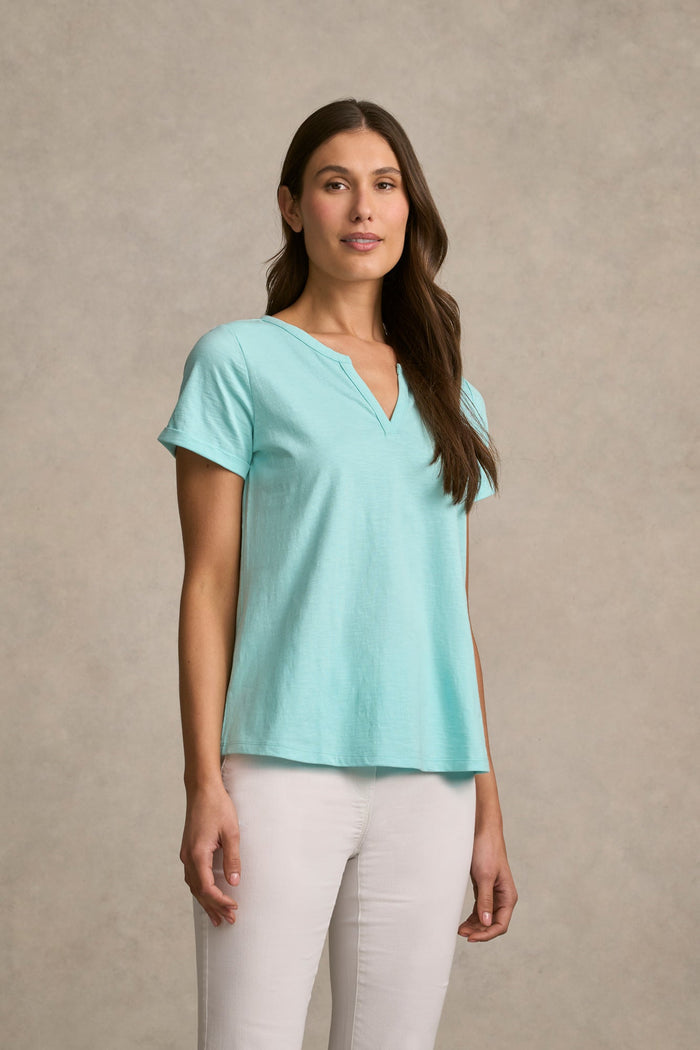 Notch Neck Cotton Tee - Aqua