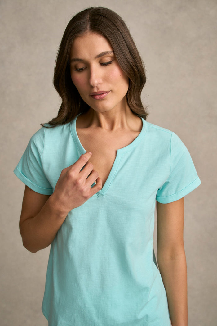 Notch Neck Cotton Tee - Aqua