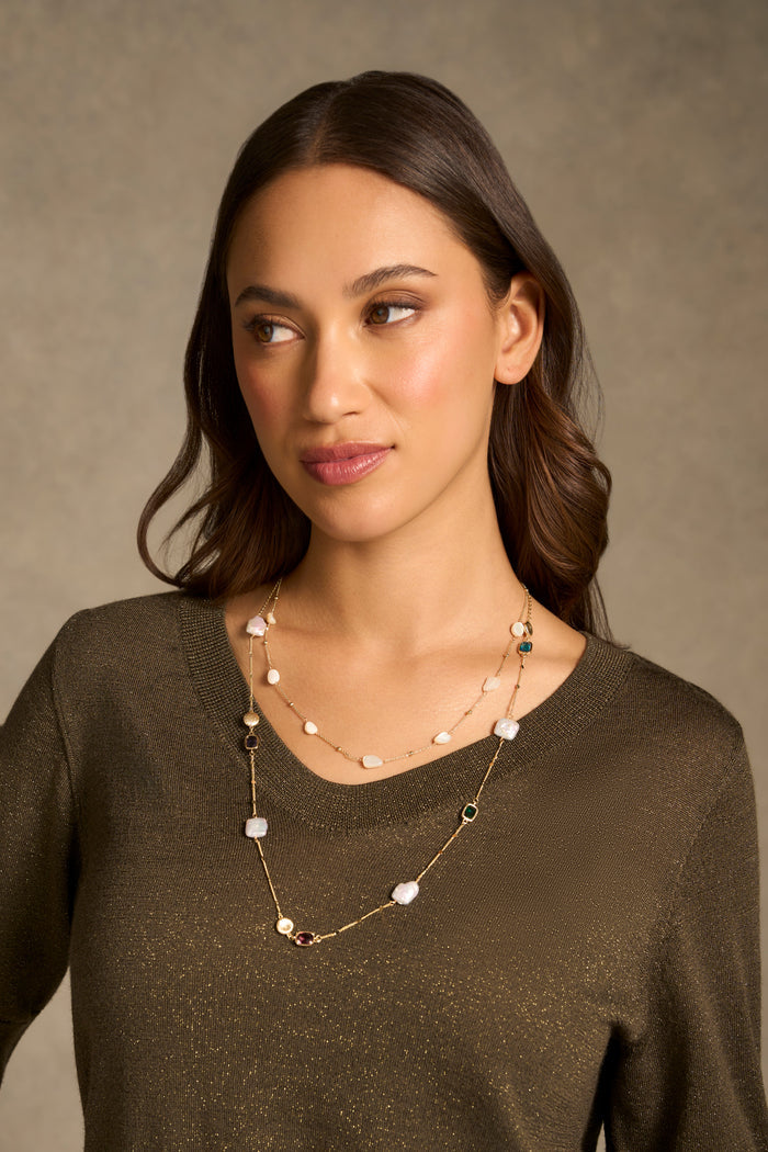 Pearl and Stone Layered Necklace - Multicolour