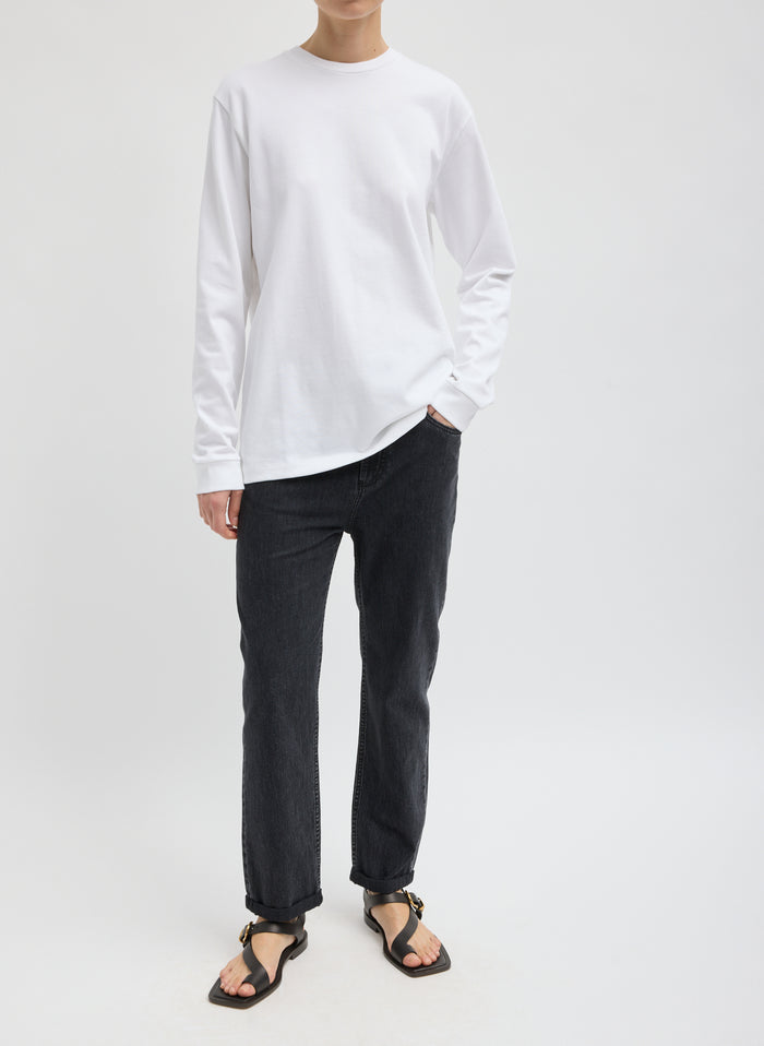 White Perfect Unisex Long Sleeve T-Shirt - full look, front view on model