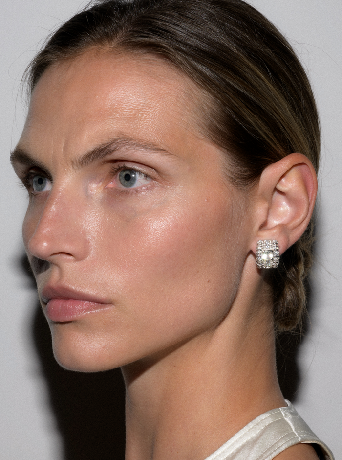 PETITE CRAWFORD EARRINGS IN LAB WHITE SAPPHIRE, RHODIUM COATED BRASS
