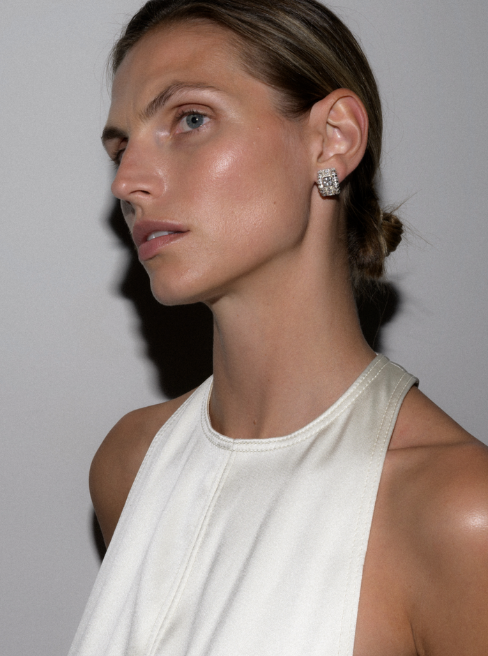 PETITE CRAWFORD EARRINGS IN LAB WHITE SAPPHIRE, RHODIUM COATED BRASS