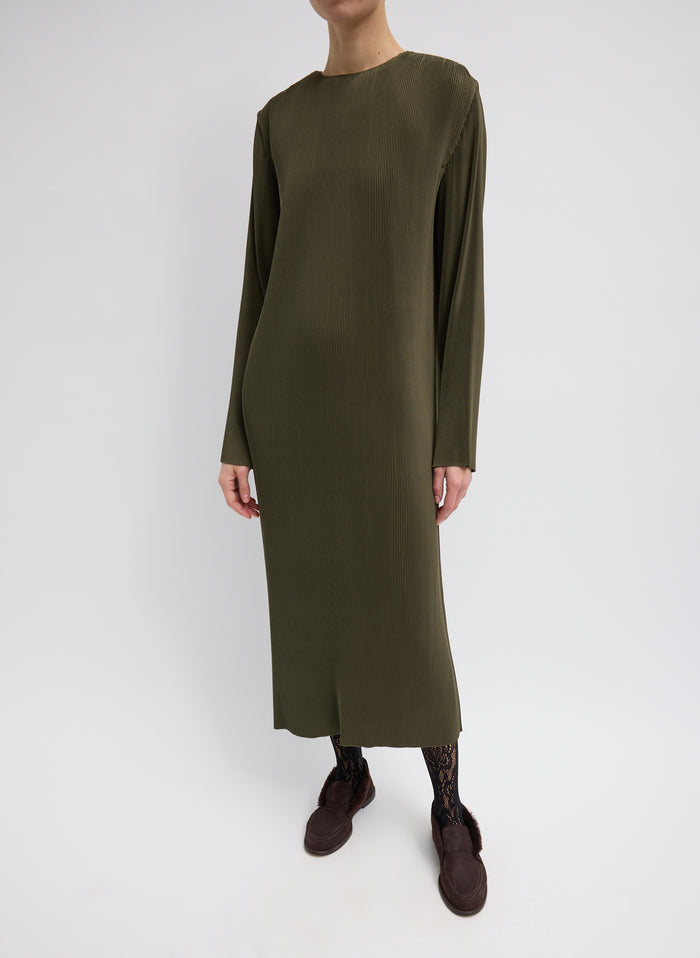 Dark Green Plisse Midi Dress - long sleeve, front view on model