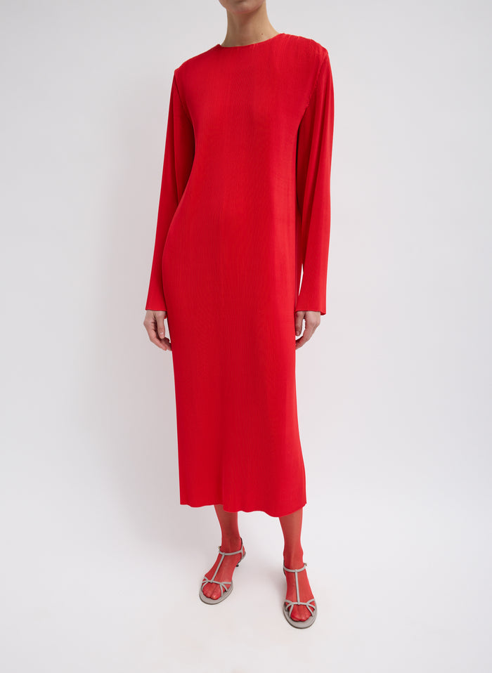 Red Plisse Midi Dress - long sleeve, front view on model