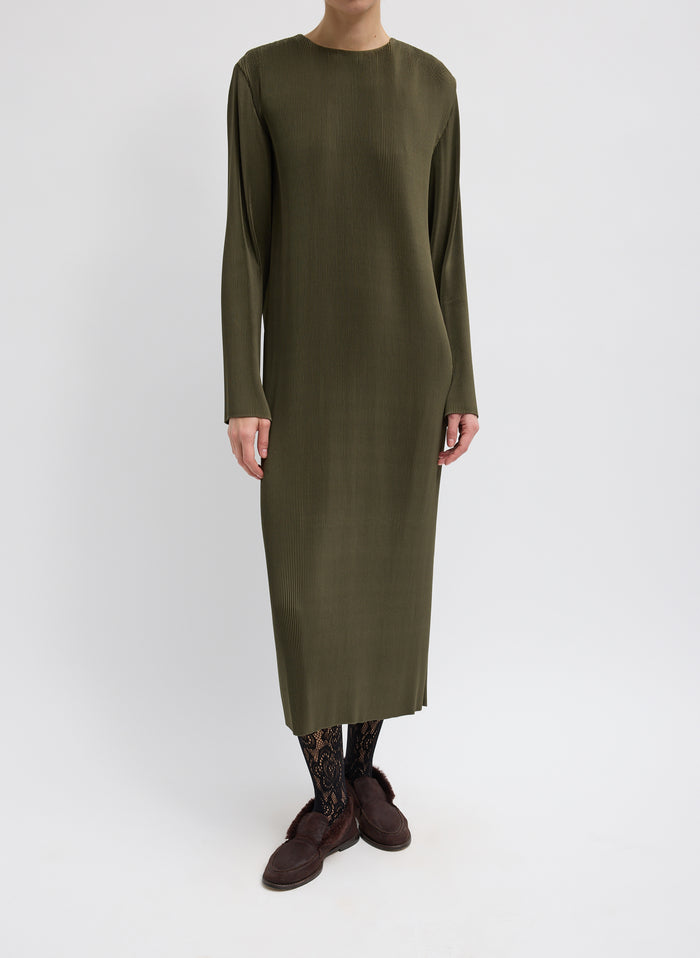 Dark Green Plisse Midi Dress - long sleeve, front view on model