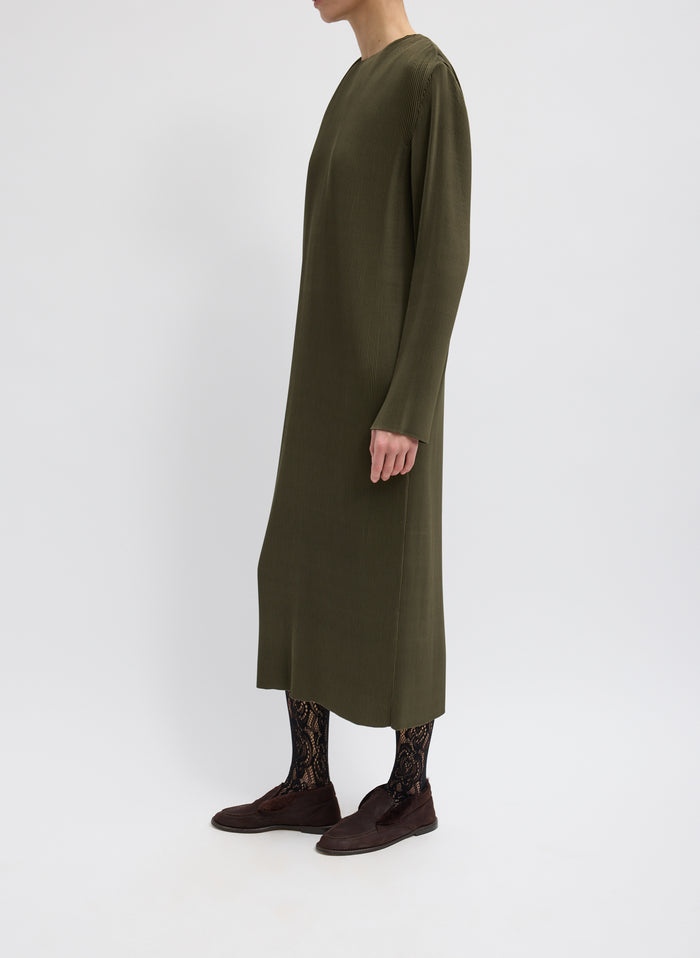 Dark Green Plisse Midi Dress - long sleeve, side view on model