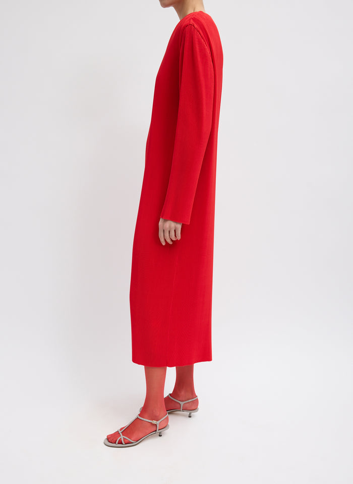 Red Plisse Midi Dress - long sleeve, side view on model
