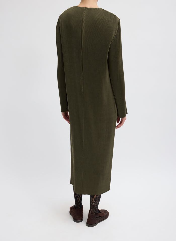 Dark Green Plisse Midi Dress - long sleeve, back view on model
