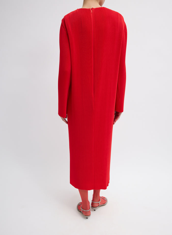 Red Plisse Midi Dress - long sleeve, back view on model