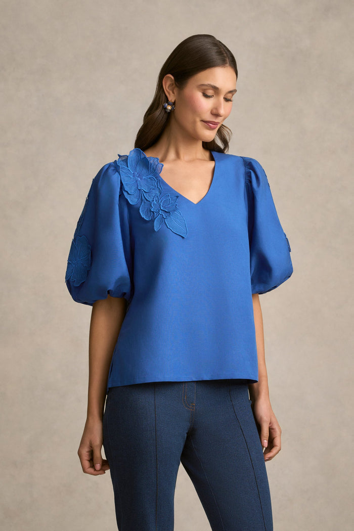 Puff Sleeve Appliqué Blouse - Cobalt