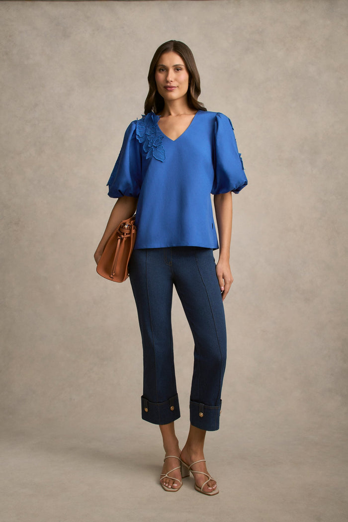 Puff Sleeve Appliqué Blouse - Cobalt