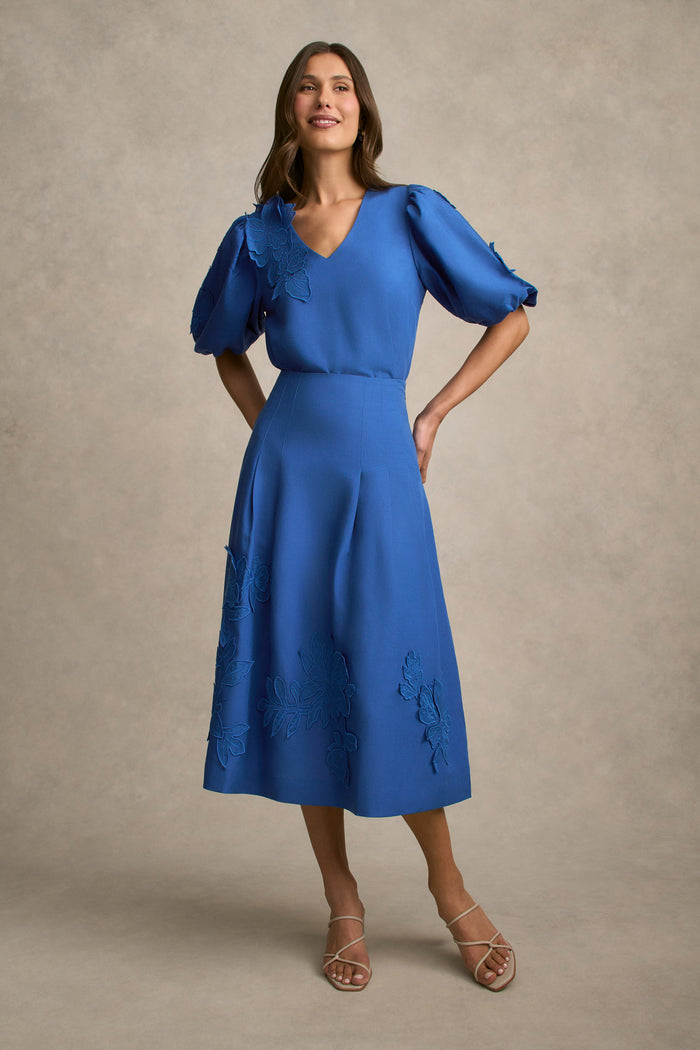 Puff Sleeve Appliqué Blouse - Cobalt