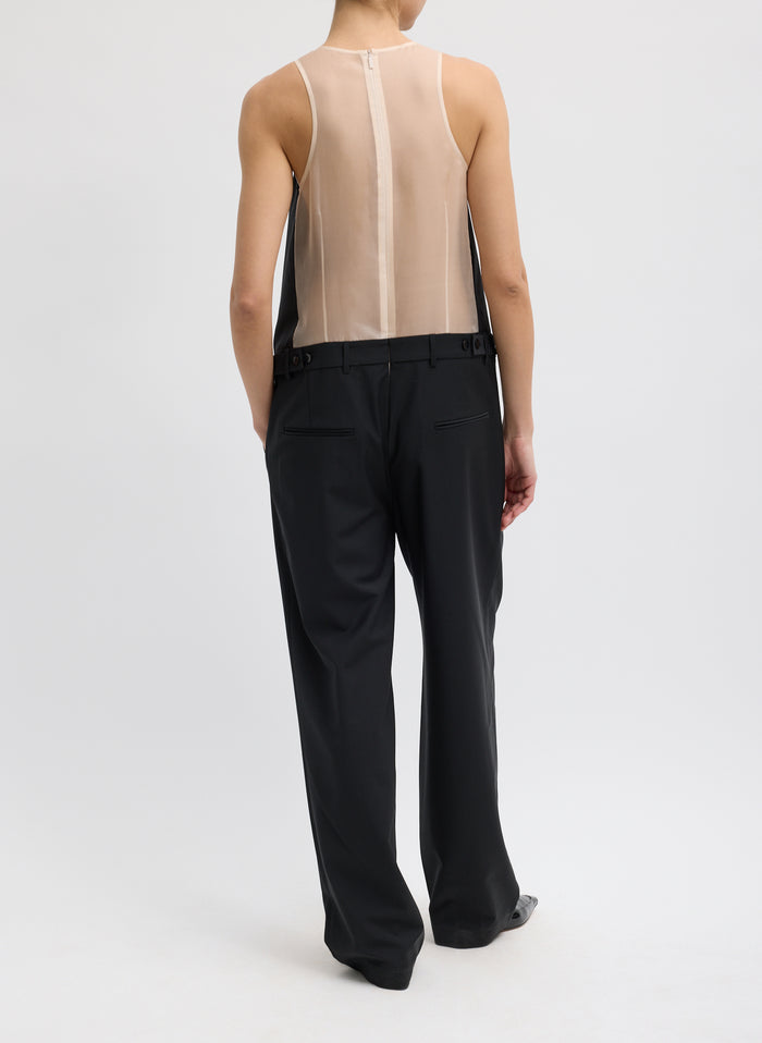 Black Recycled Tropical Wool Jumpsuit - sheer organza back, back view on model