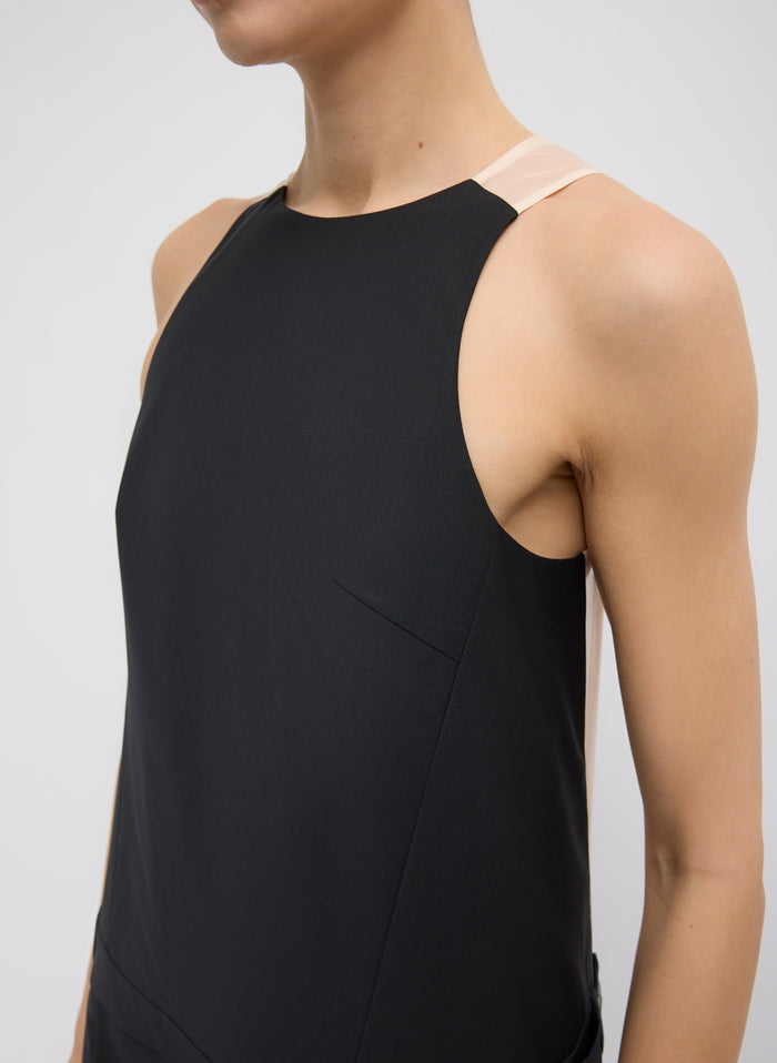 Black Recycled Tropical Wool Jumpsuit - closeup of front neckline and strap detail