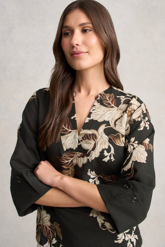 Relaxed Printed Blouse - Black Foliage Print