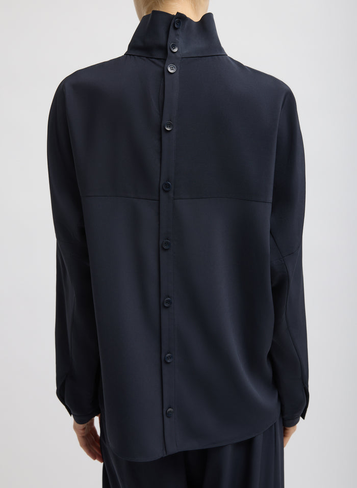 Navy Relaxed Suiting Funnel Neck Dolman Sleeve Top - back view on model