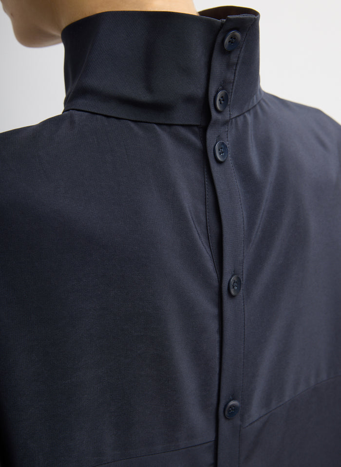 Relaxed Suiting Funnel Neck Dolman Sleeve Top - closeup of back button detail