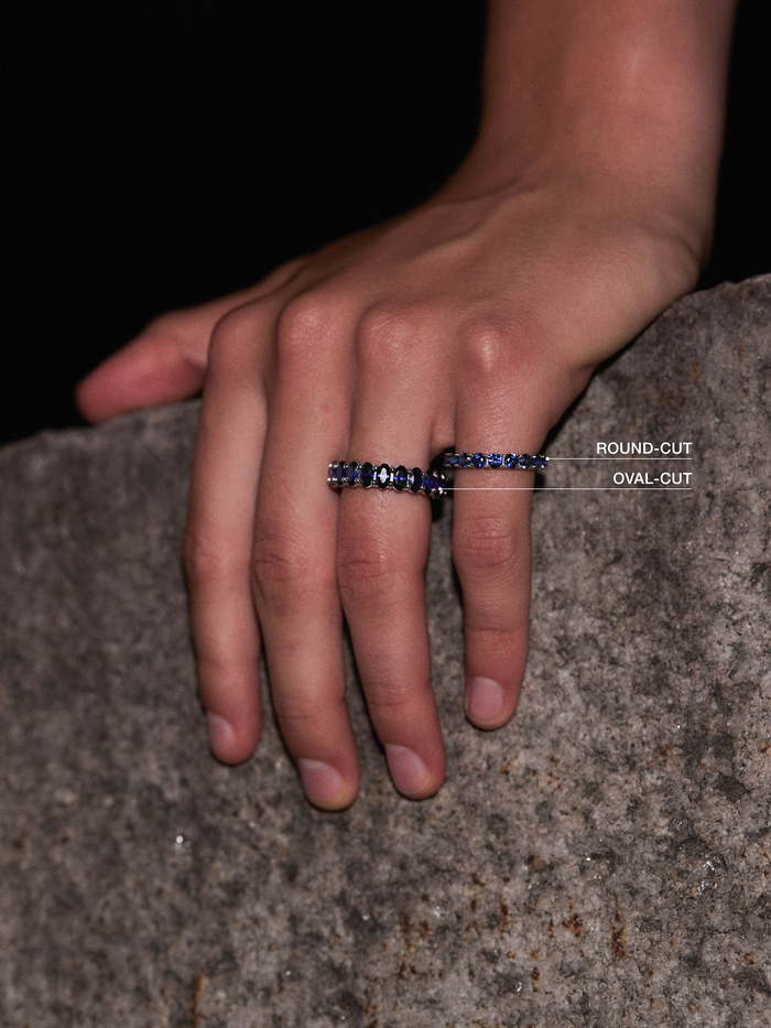 ROUND-CUT ETERNITY BAND IN LAB BLUE SAPPHIRE, STERLING SILVER