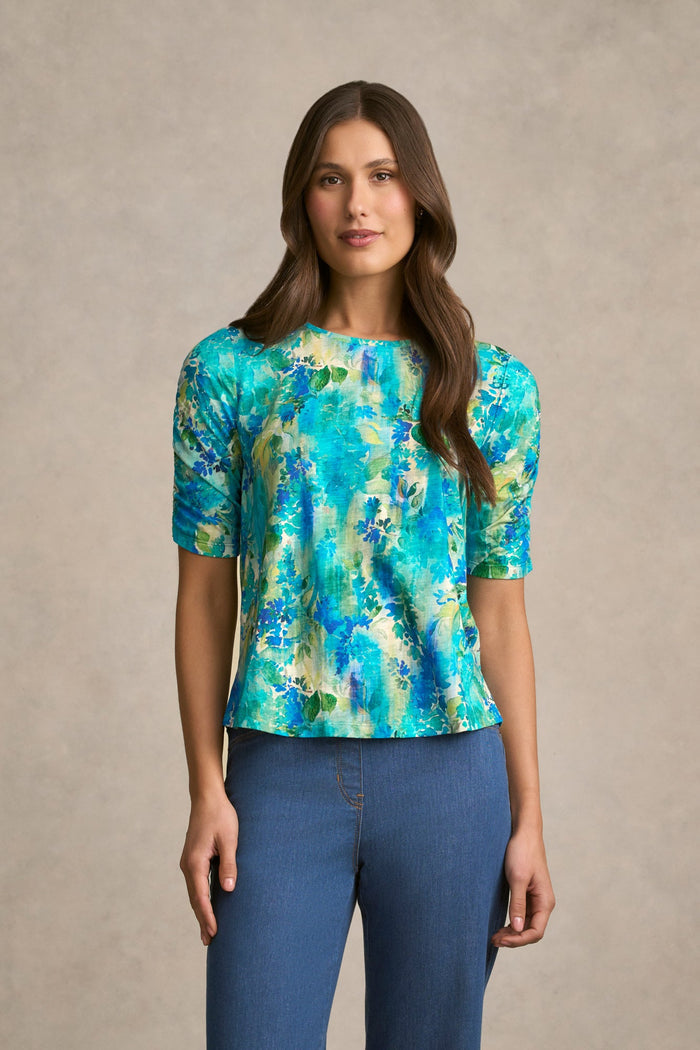 Ruched Sleeve T-Shirt - Watercolour Floral