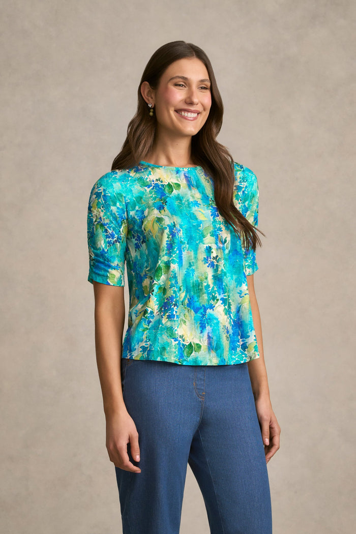 Ruched Sleeve T-Shirt - Watercolour Floral