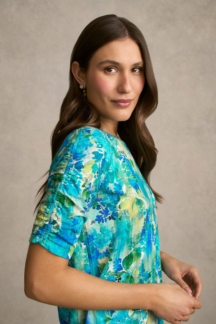Ruched Sleeve T-Shirt - Watercolour Floral