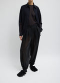 Black Sheer Wool Gauze Pleated Balloon Pant – relaxed fit, front view on model