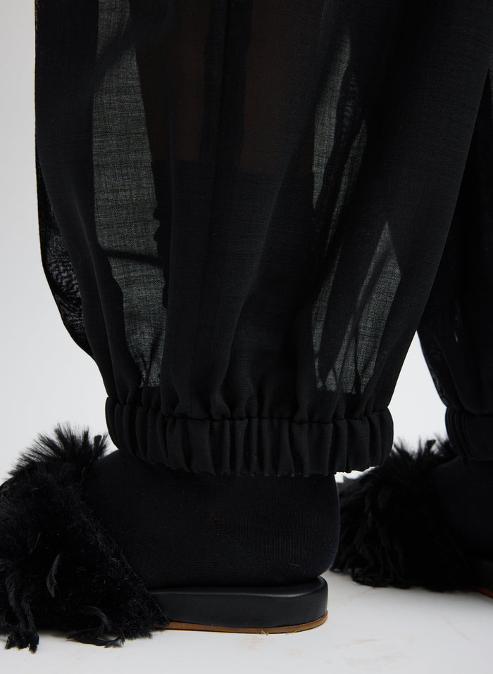 Black Sheer Wool Gauze Pleated Balloon Pant – closeup of hem detail