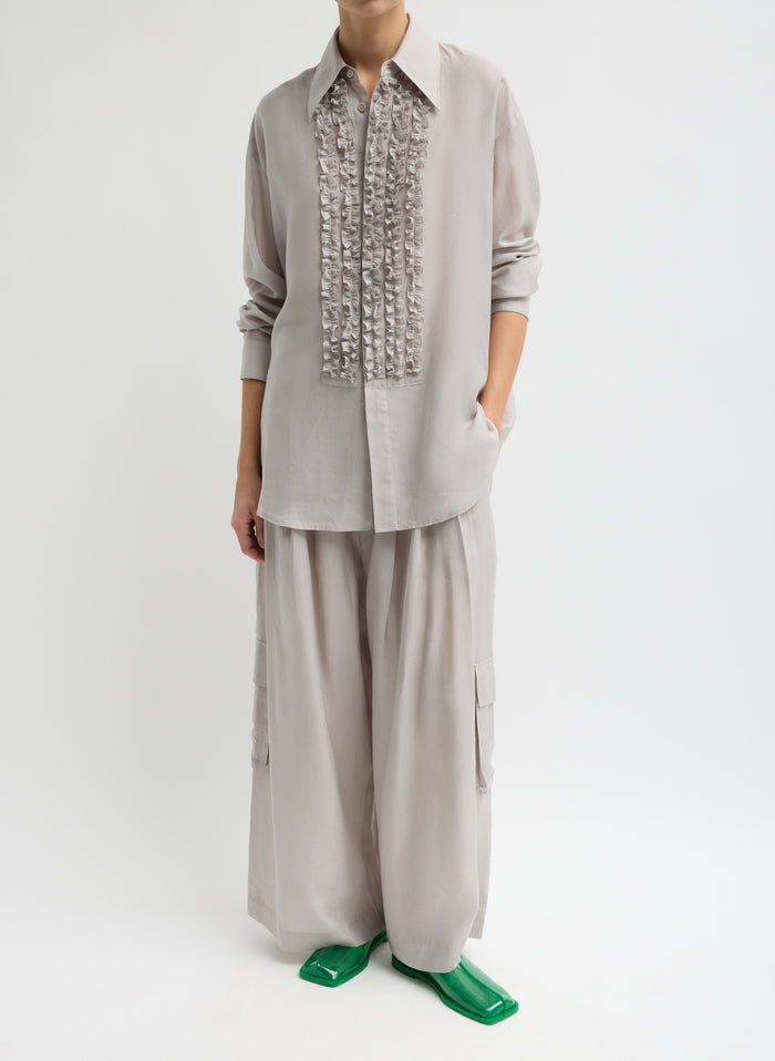 Stone Grey Silk Voile Easy Tuxedo Shirt - button down, front view on model