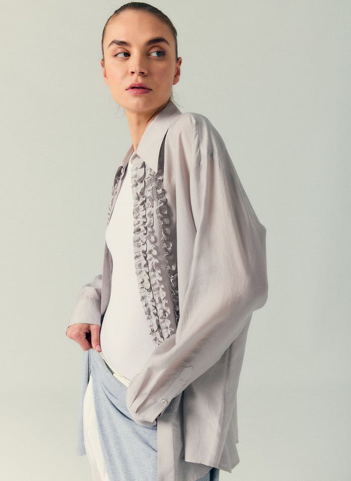Stone Grey Silk Voile Easy Tuxedo Shirt - editorial campaign on model