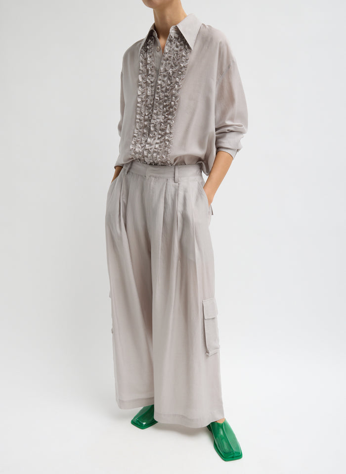 Stone Grey Silk Voile Easy Tuxedo Shirt - full look, front view on model