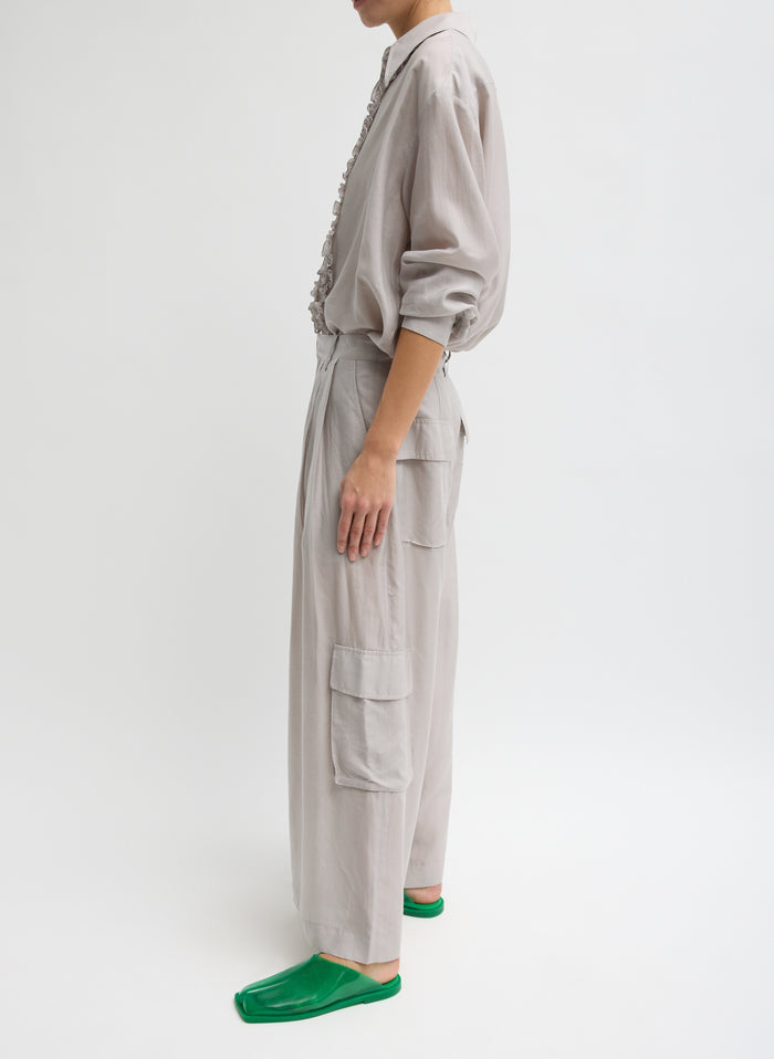 Stone Grey Silk Voile Easy Tuxedo Shirt - full look, side view on model