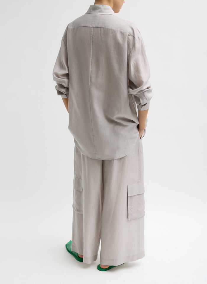 Stone Grey Silk Voile Easy Tuxedo Shirt - full look, back view on model
