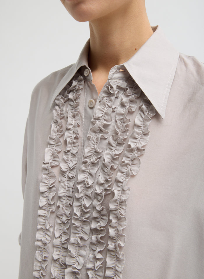 Stone Grey Silk Voile Easy Tuxedo Shirt - closeup of front ruffles and collar detail