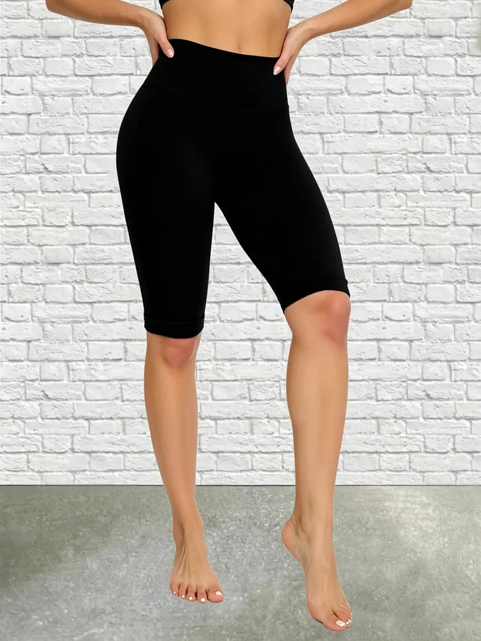 Simple Black Leggings Stretchy Soft Yoga Fitness Pants Stylish Casual Solid Color Five Fen Tights