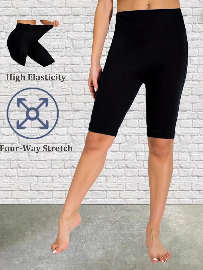 Simple Black Leggings Stretchy Soft Yoga Fitness Pants Stylish Casual Solid Color Five Fen Tights