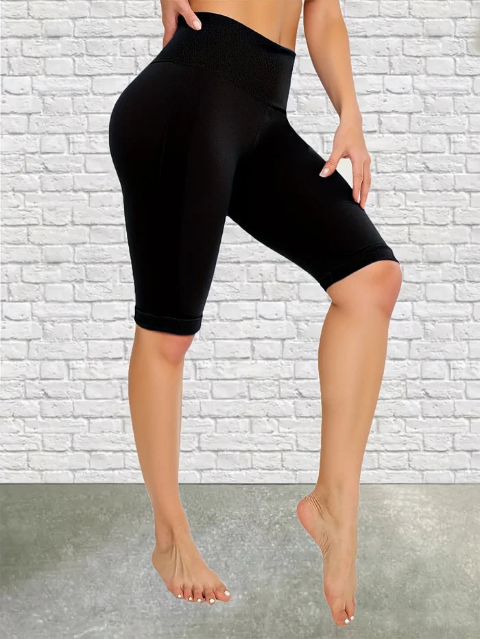 Simple Black Leggings Stretchy Soft Yoga Fitness Pants Stylish Casual Solid Color Five Fen Tights