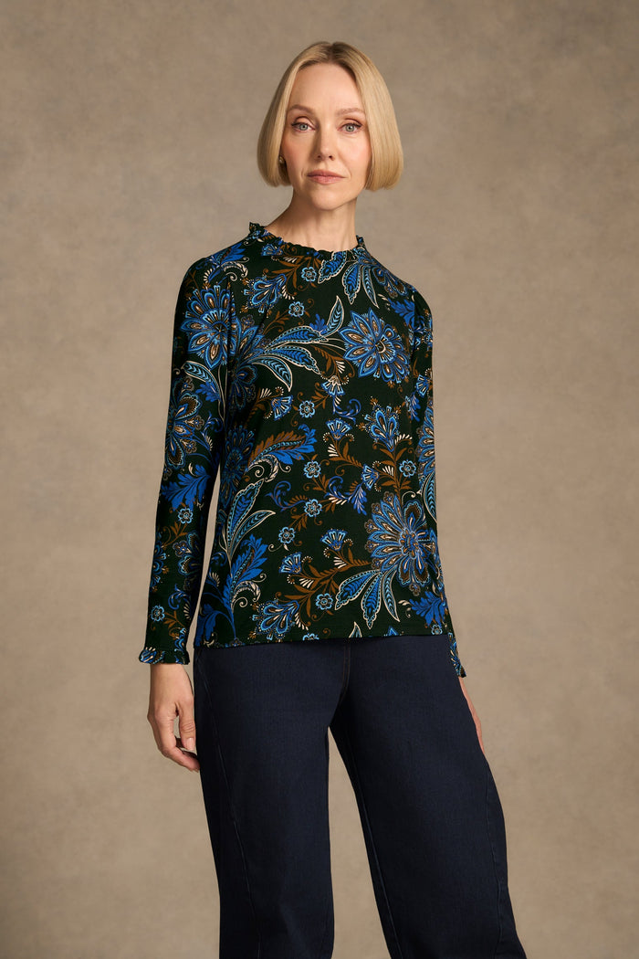 Soft Frill Detail Top - Indigo Chintz Print