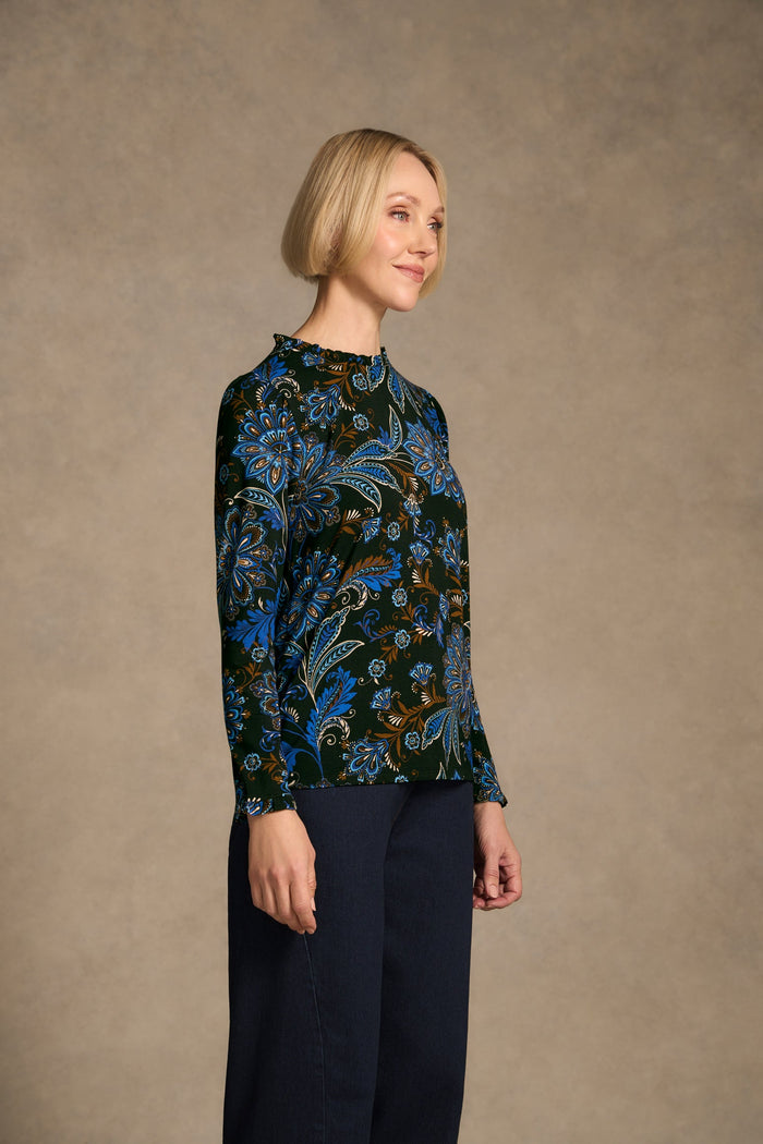 Soft Frill Detail Top - Indigo Chintz Print