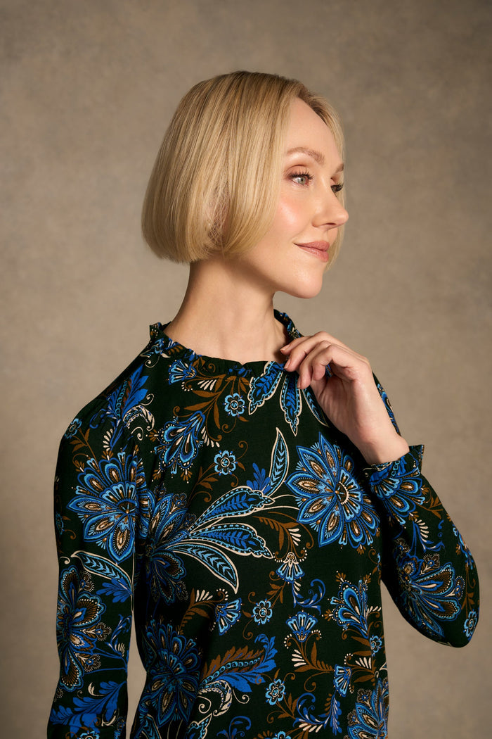 Soft Frill Detail Top - Indigo Chintz Print