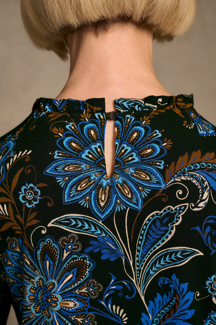 Soft Frill Detail Top - Indigo Chintz Print