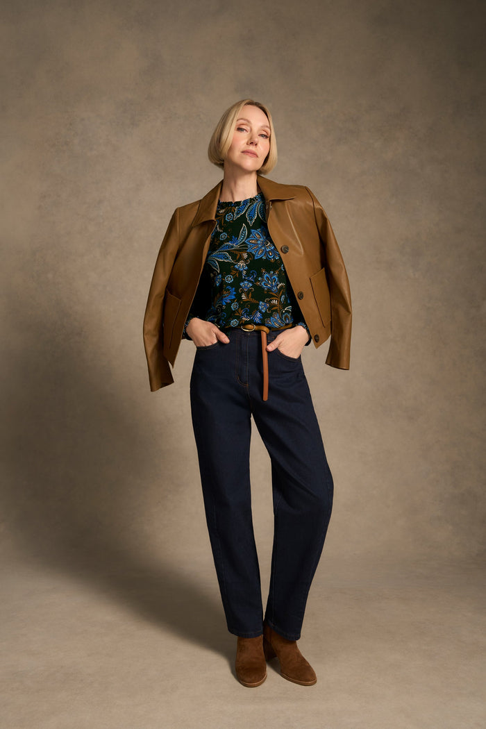 Soft Frill Detail Top - Indigo Chintz Print