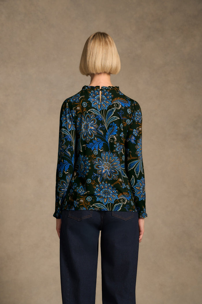 Soft Frill Detail Top - Indigo Chintz Print