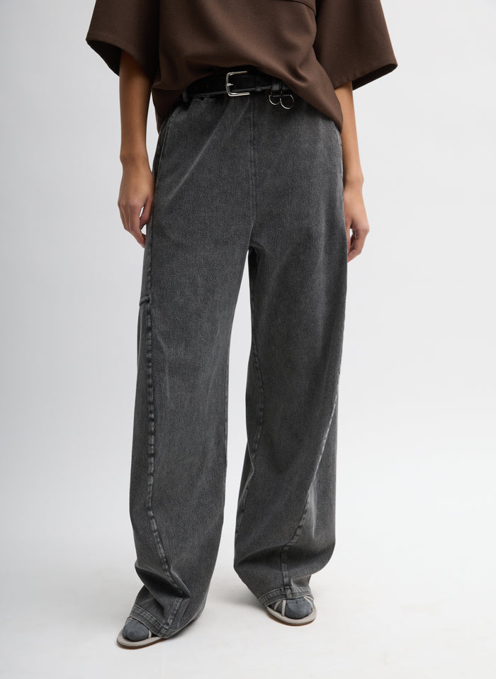 Black Stretch Denim Knit Winslow Pant - relaxed fit, front view on model