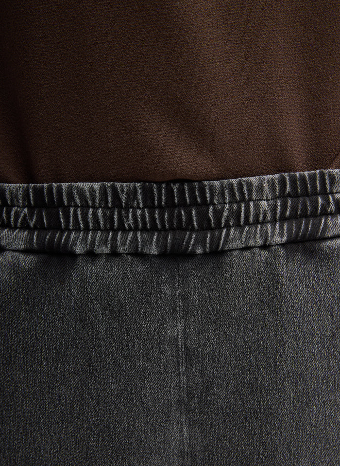 Black Stretch Denim Knit Winslow Pant - closeup of waistband