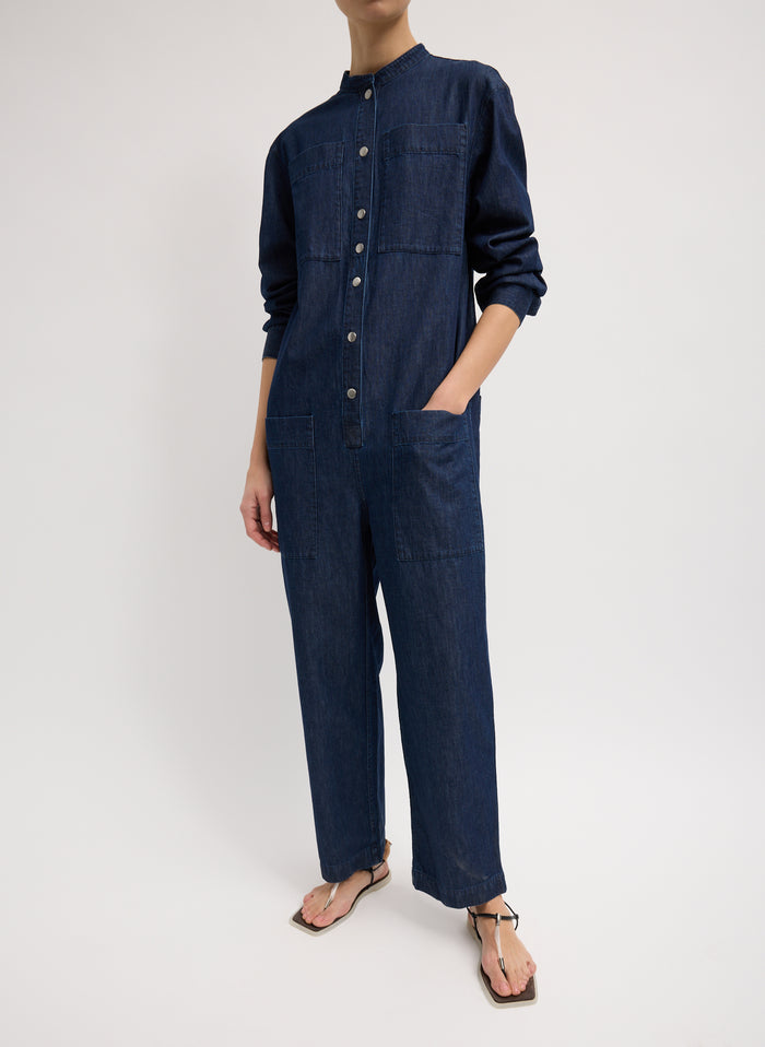 Dark Wash Summer Denim Jumpsuit - long sleeved, button up, front view on model